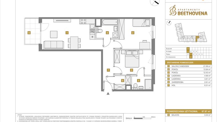 Rzut - Mieszkanie na sprzedaż 3 pokoje o powierzchni 67,87 m² - numer A9 w Apartamenty Beethovena