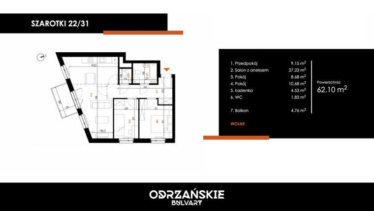Rzut - Mieszkanie na sprzedaż 3 pokoje o powierzchni 62,1 m² - numer 22/31 w Odrzańskie Bulvary