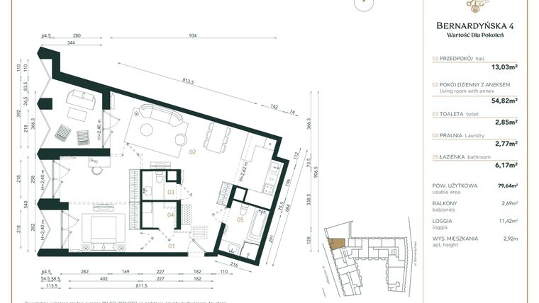 Rzut - Mieszkanie na sprzedaż 1 pokój o powierzchni 79,64 m² - numer A/4/01 w Bernardyńska 4
