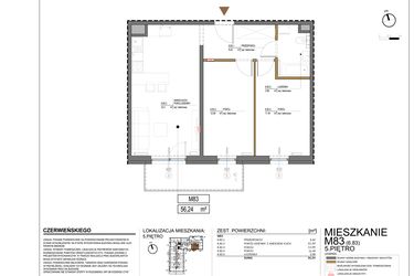 Rzut - Mieszkanie na sprzedaż 2 pokoje o powierzchni 56,24 m² - numer 3.83 w Czerwieńskiego 3
