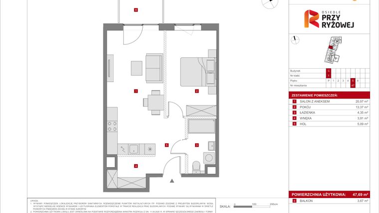Rzut - Mieszkanie na sprzedaż 2 pokoje o powierzchni 47,69 m² - numer C.47 w Osiedle Przy Ryżowej etap II