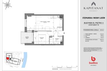 Rzut - Mieszkanie na sprzedaż 2 pokoje o powierzchni 39,56 m² - numer 35.B w Kapitanat Apartamenty