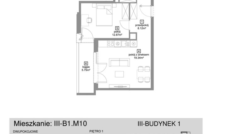 Rzut - Mieszkanie na sprzedaż 2 pokoje o powierzchni 48,93 m² - numer III-B1.M10 w Strefa Cegielnia 3