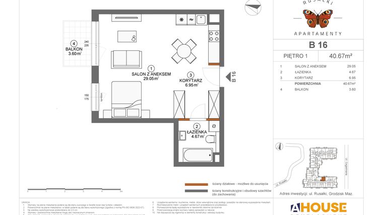 Rzut - Mieszkanie na sprzedaż 1 pokój o powierzchni 40,67 m² - numer B16 w Apartamenty Rusałki
