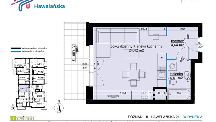 Rzut - Mieszkanie na sprzedaż 1 pokój o powierzchni 33,47 m² - numer A/5/47 w Osiedle Hawelańska etap III - bud. A