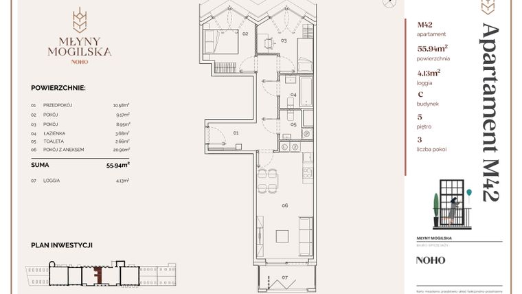 Rzut - Mieszkanie na sprzedaż 3 pokoje o powierzchni 55,94 m² - numer C.42 w Młyny Mogilska