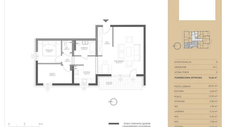 Rzut - Mieszkanie na sprzedaż 3 pokoje o powierzchni 76,26 m² - numer M11 w SiemaNovi
