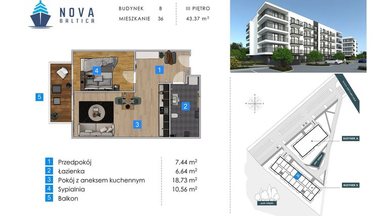 Rzut - Mieszkanie na sprzedaż 2 pokoje o powierzchni 43,37 m² - numer B36 w Nova Baltica Mieszkania Kołobrzeg