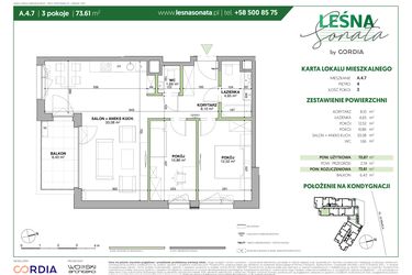 Rzut - Mieszkanie na sprzedaż 3 pokoje o powierzchni 73,61 m² - numer A.4.7 w Leśna Sonata