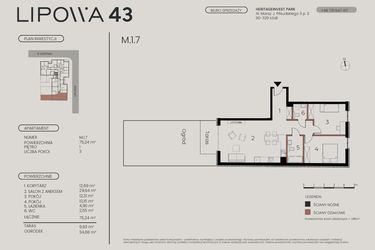 Rzut - Mieszkanie na sprzedaż 3 pokoje o powierzchni 75,24 m² - numer M.1.7 w Lipowa 43