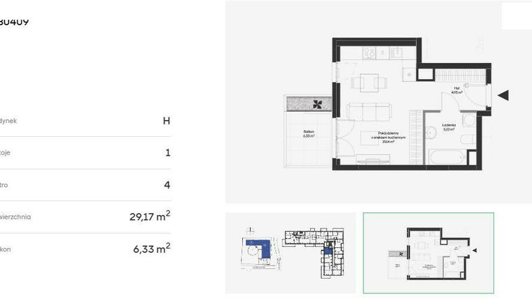 Rzut - Mieszkanie na sprzedaż 1 pokój o powierzchni 29,17 m² - numer HB0409 w Holm House 5