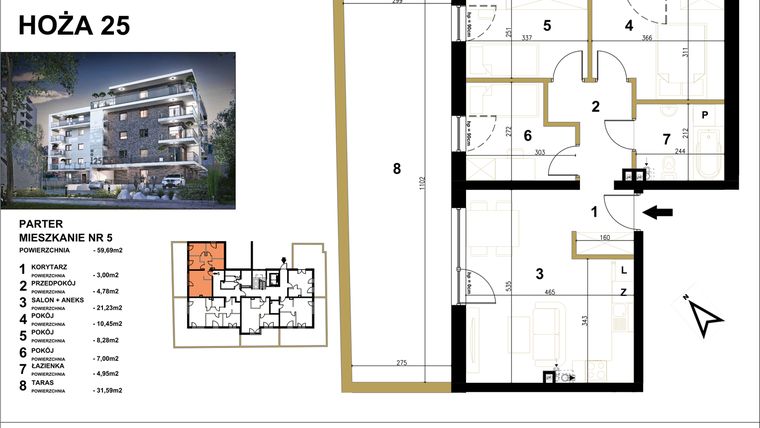 Rzut - Lokal użytkowy na sprzedaż 4 pokoje o powierzchni 59,69 m² - numer 5 w Hoża 25
