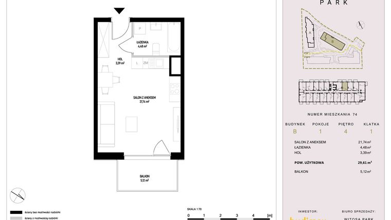 Rzut - Mieszkanie na sprzedaż 1 pokój o powierzchni 29,61 m² - numer B74 w Witosa Park