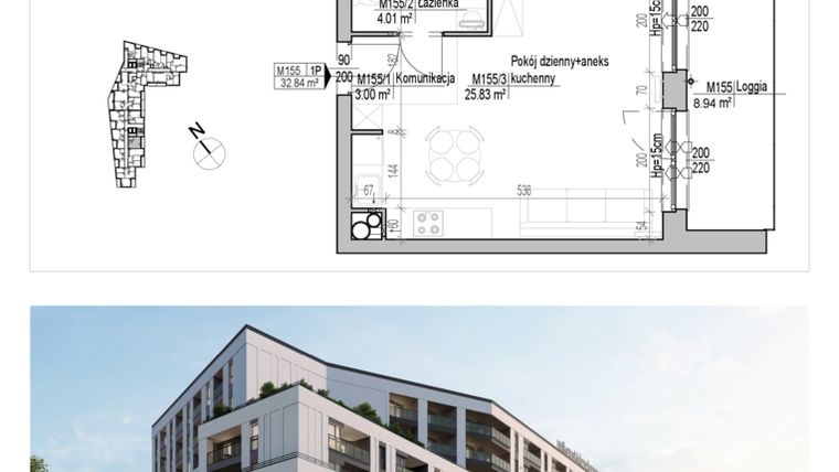 Rzut - Mieszkanie na sprzedaż 1 pokój o powierzchni 32,84 m² - numer 155 w Aleja