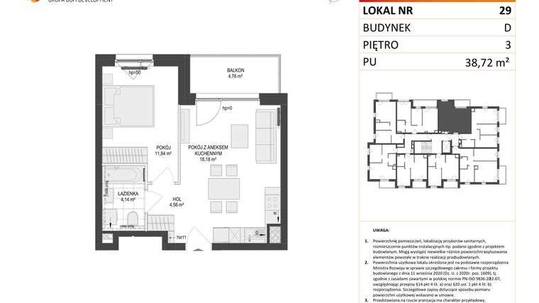Rzut - Mieszkanie na sprzedaż 2 pokoje o powierzchni 38,72 m² - numer D.29 w Osiedle Warszawska etap II