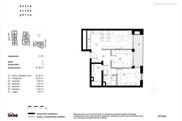Rzut - Mieszkanie na sprzedaż 3 pokoje o powierzchni 61,36 m² - numer A.34 w Dolna Górna Wilda