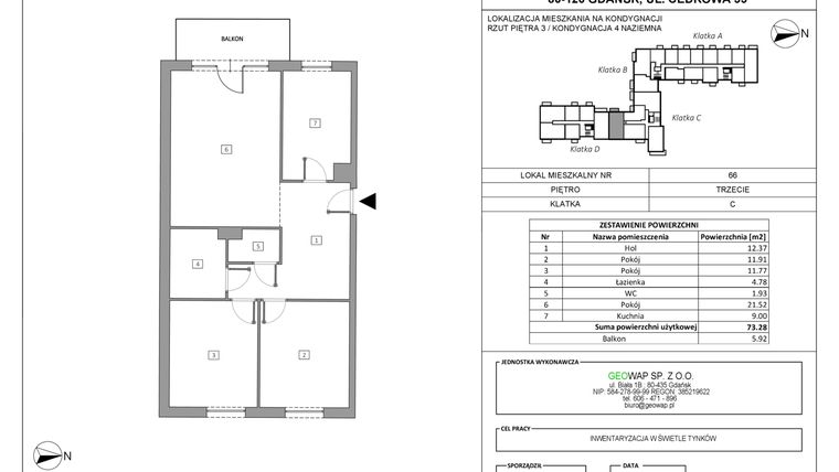 Rzut - Mieszkanie na sprzedaż 3 pokoje o powierzchni 73,28 m² - numer 66 w Wolne Miasto etap VII