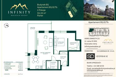 Rzut - Mieszkanie na sprzedaż 2 pokoje o powierzchni 55,33 m² - numer B1/0/7b w Infinity Mountain Resort etap 2
