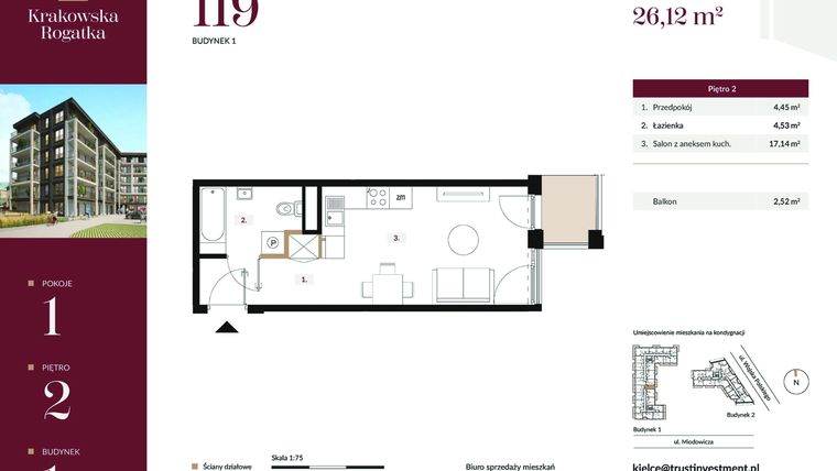Rzut - Mieszkanie na sprzedaż 1 pokój o powierzchni 26,12 m² - numer 1.M119 w Krakowska Rogatka