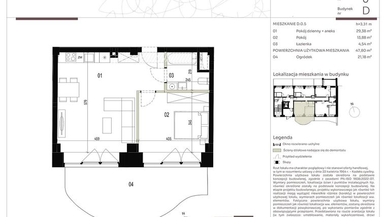 Rzut - Mieszkanie na sprzedaż 2 pokoje o powierzchni 47,69 m² - numer D.0.5 w Nowa Stawowa