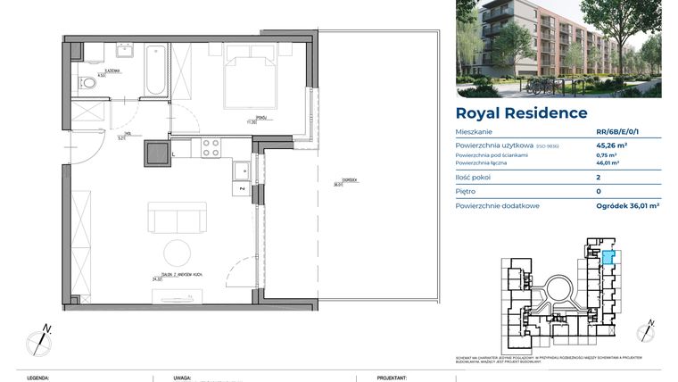 Rzut - Mieszkanie na sprzedaż 2 pokoje o powierzchni 45,22 m² - numer RR/6B/E/0/1 w Royal Residence 6B
