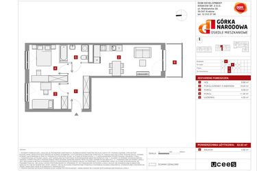 Rzut - Mieszkanie na sprzedaż 3 pokoje o powierzchni 52,63 m² - numer GN_4_1_H_22 w Osiedle Górka Narodowa