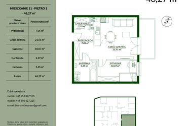 Rzut - Mieszkanie na sprzedaż 2 pokoje o powierzchni 46,27 m² - numer 11 w Bukowa etap II