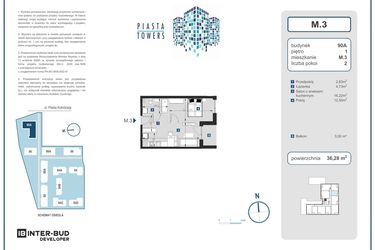 Rzut - Mieszkanie na sprzedaż 2 pokoje o powierzchni 36,28 m² - numer 3 w Piasta Towers bud. 90A