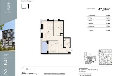 Rzut - Mieszkanie na sprzedaż 2 pokoje o powierzchni 47,81 m² - numer L1 w Sky Trust etap II - apartamenty inwestycyjne 23% VAT PRS