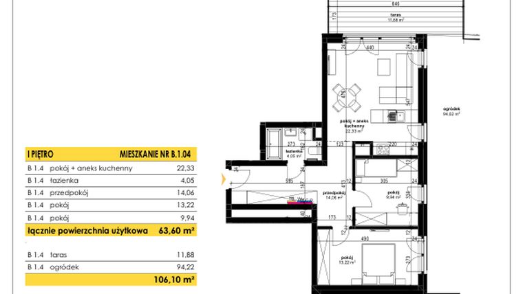 Rzut - Mieszkanie na sprzedaż 3 pokoje o powierzchni 63,6 m² - numer B 1.04 w Park Moniuszki II C