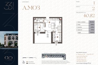 Rzut - Mieszkanie na sprzedaż 2 pokoje o powierzchni 40,82 m² - numer A.M03 w Kopcińskiego 33