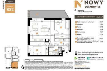Rzut - Mieszkanie na sprzedaż 3 pokoje o powierzchni 66,03 m² - numer B32 w Nowy Sosnowiec