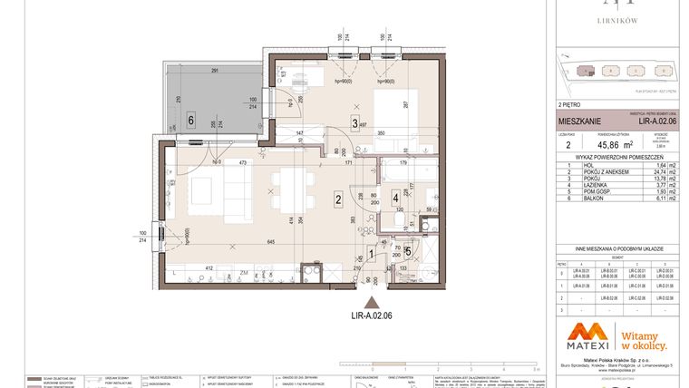 Rzut - Mieszkanie na sprzedaż 2 pokoje o powierzchni 45,86 m² - numer A.02.06 w Takt Lirników