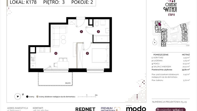 Rzut - Mieszkanie na sprzedaż 2 pokoje o powierzchni 40,22 m² - numer K178 w Osiedle Witaj etap II