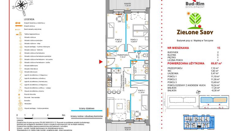 Rzut - Mieszkanie na sprzedaż 4 pokoje o powierzchni 69,67 m² - numer 15 w Zielone Sady etap II