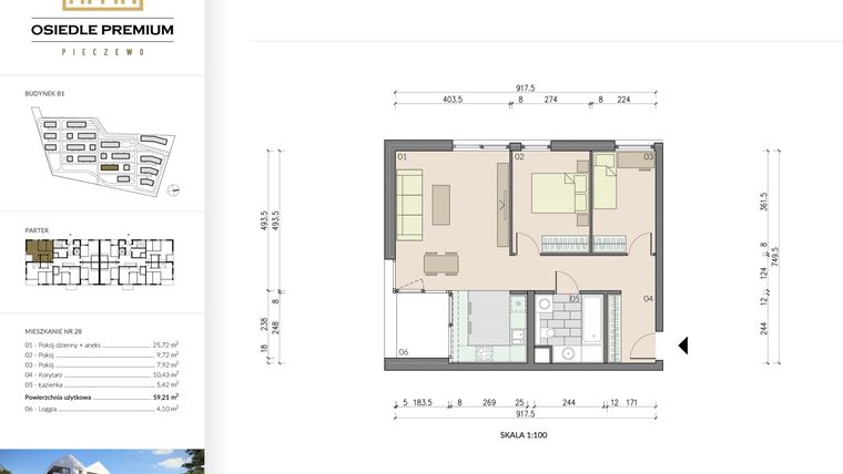 Rzut - Mieszkanie na sprzedaż 3 pokoje o powierzchni 59,21 m² - numer B1.28 w Osiedle Premium etap IV
