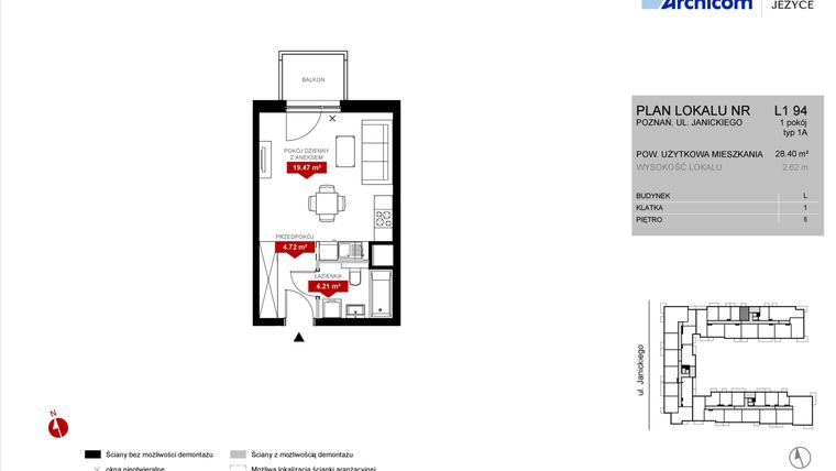 Rzut - Mieszkanie na sprzedaż 1 pokój o powierzchni 28,41 m² - numer L1.94 w Wieża Jeżyce etap VI