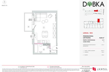 Rzut - Mieszkanie na sprzedaż 1 pokój o powierzchni 36,56 m² - numer B33 w Dobka