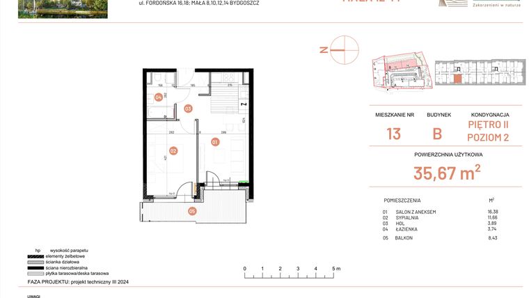 Rzut - Mieszkanie na sprzedaż 2 pokoje o powierzchni 35,67 m² - numer 12.13 w Osiedle Nowe Horyzonty etap III