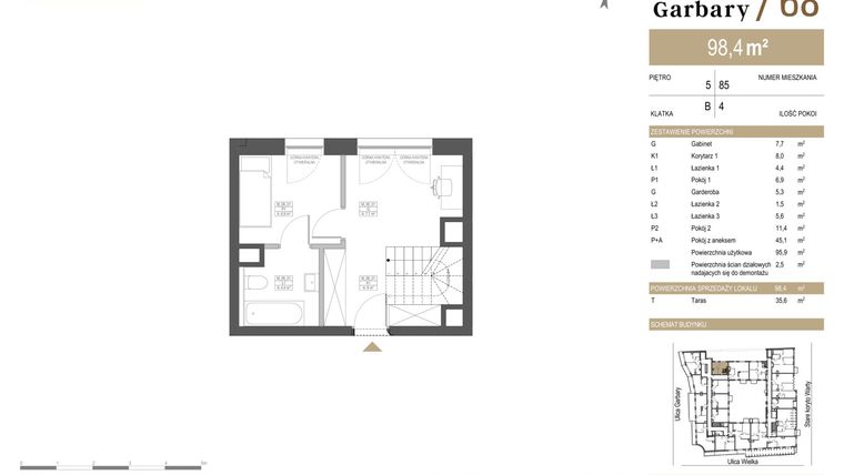 Rzut - Mieszkanie na sprzedaż 4 pokoje o powierzchni 98,4 m² - numer 85 w Garbary 68