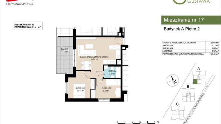 Rzut - Mieszkanie na sprzedaż 3 pokoje o powierzchni 51,41 m² - numer A17 w Wzgórze Gustawa