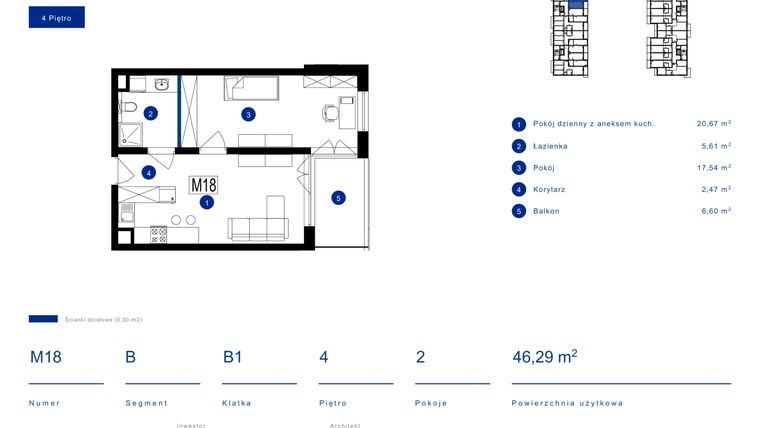 Rzut - Mieszkanie na sprzedaż 2 pokoje o powierzchni 46,29 m² - numer 18B w Przy Bursztynowej