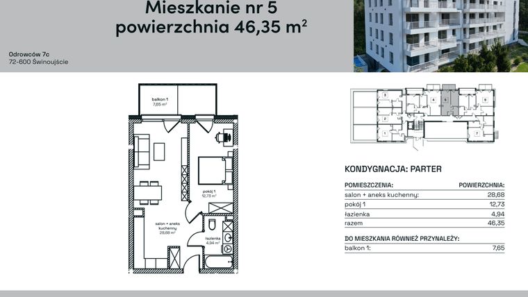 Rzut - Mieszkanie na sprzedaż 2 pokoje o powierzchni 46,35 m² - numer 5 w Odrowców 7C