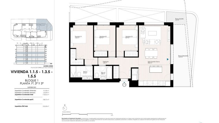 Rzut - Mieszkanie na sprzedaż 3 pokoje o powierzchni 118,06 m² - numer 1.1.5 w Apartamenty w La Vila Joiosa - 28003245