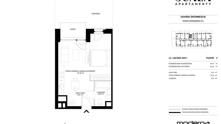 Rzut - Mieszkanie na sprzedaż 1 pokój o powierzchni 35,27 m² - numer K-1 (N) w Scala