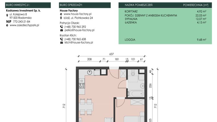Rzut - Mieszkanie na sprzedaż 2 pokoje o powierzchni 43,15 m² - numer 3 w Osiedle City Park