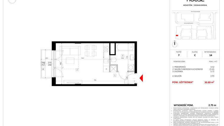 Rzut - Mieszkanie na sprzedaż 1 pokój o powierzchni 30,89 m² - numer 7.C.14 w Central House