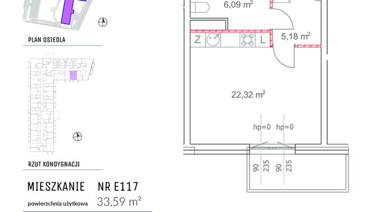 Rzut - Mieszkanie na sprzedaż 1 pokój o powierzchni 33,59 m² - numer E117 w Osiedle Impresja 2