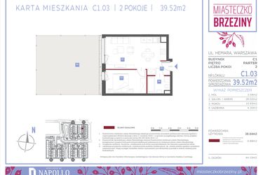 Rzut - Mieszkanie na sprzedaż 2 pokoje o powierzchni 39,52 m² - numer C1.03 w Miasteczko Brzeziny II