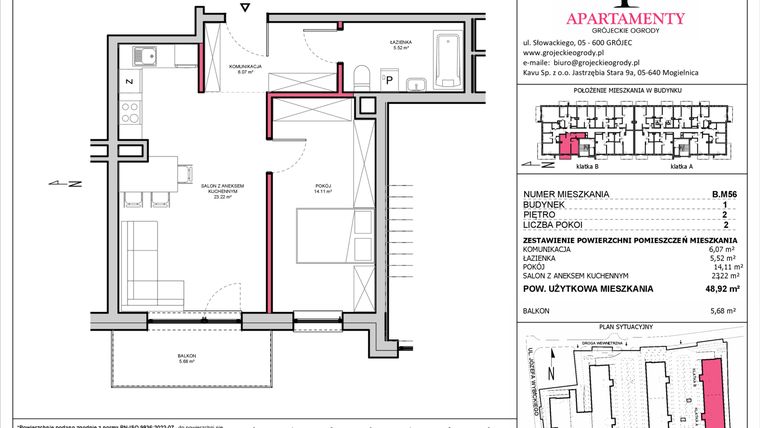 Rzut - Mieszkanie na sprzedaż 2 pokoje o powierzchni 48,92 m² - numer B.56 w Apartamenty Grójeckie Ogrody